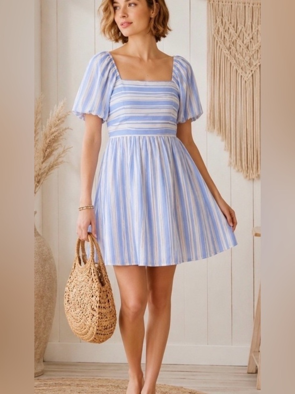 NEW…LC Lauren Conrad Blue and White Striped Puff Sleeve Sundress